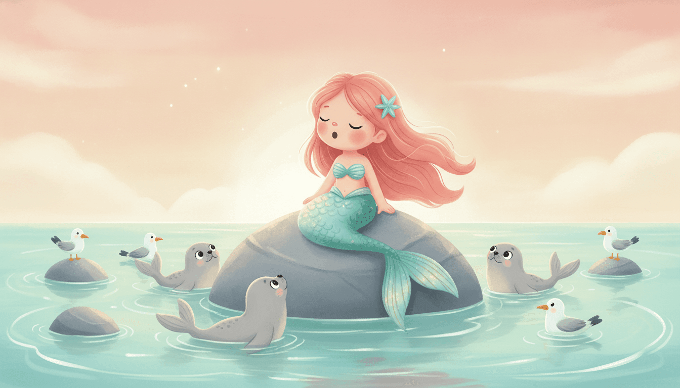 A sweet little mermaid singing softly on a rock at golden sunset while seals and seagulls listen