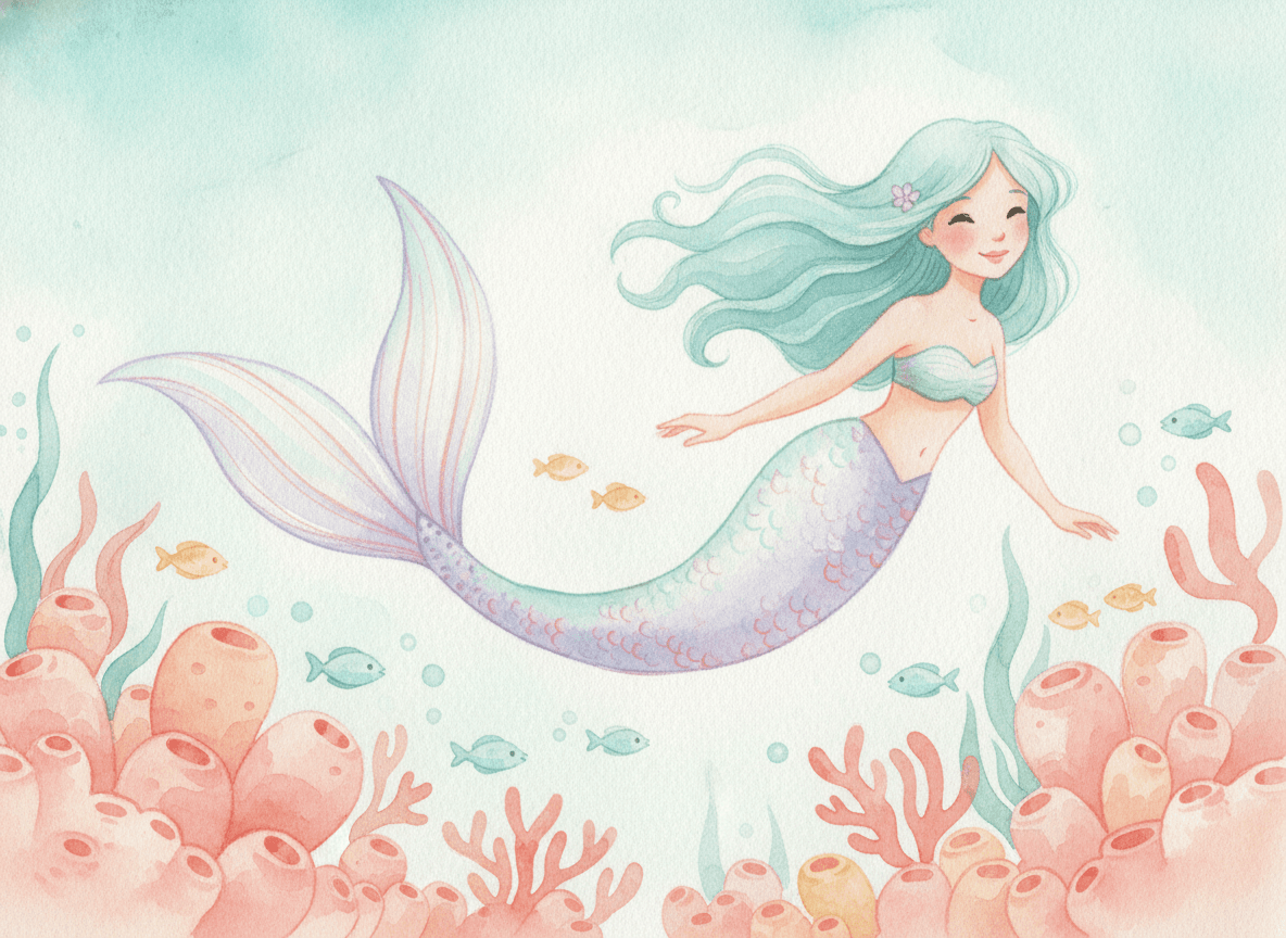 Watercolor style mermaid story illustration of a gentle mermaid swimming among coral and fish