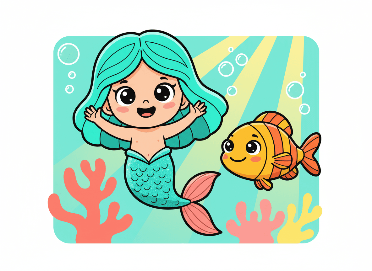 Cartoon style mermaid story illustration of a happy mermaid with a turquoise tail and fish friend