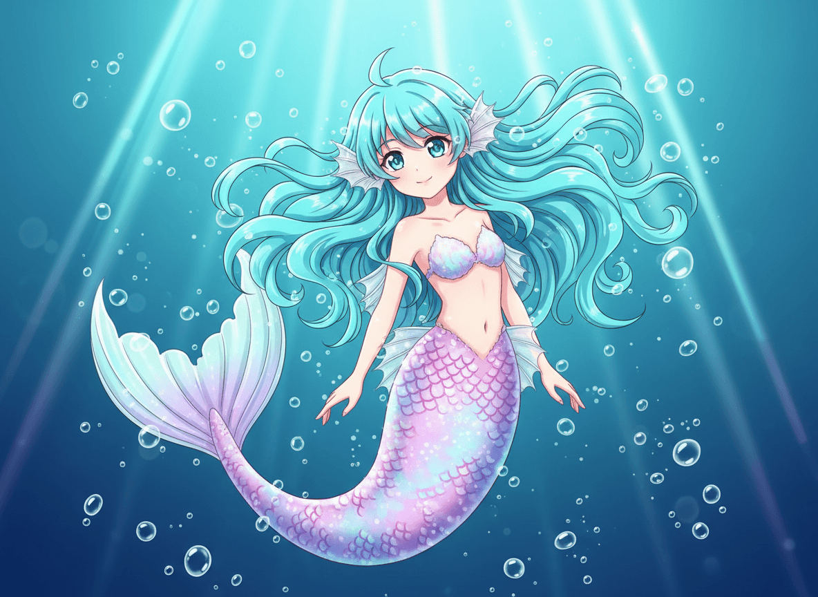 Anime style mermaid story illustration of an elegant mermaid gliding through glowing water