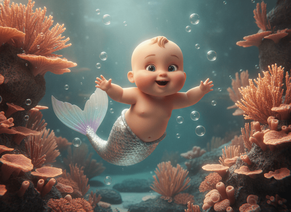 Cinematic 3D style mermaid story illustration of an adorable little mermaid by a glowing coral reef