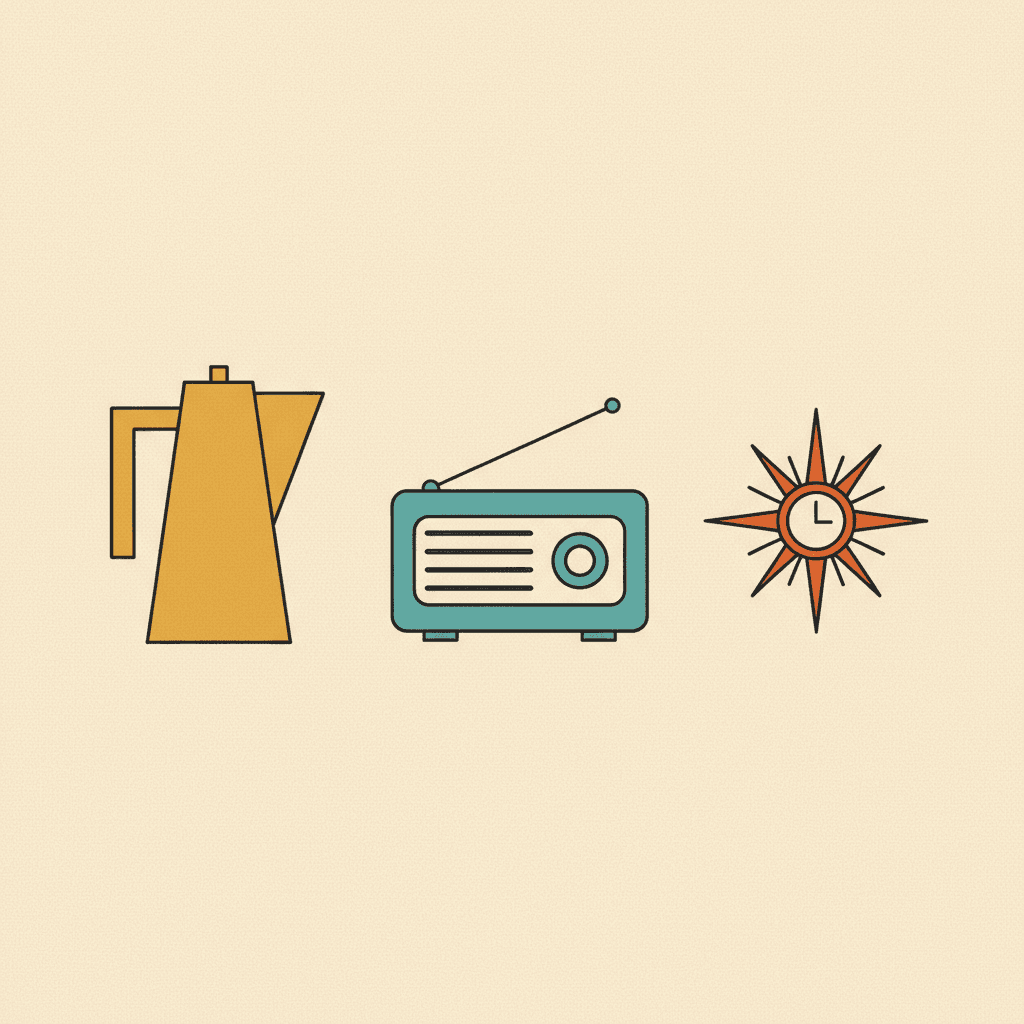 Square mid-century modern illustration of an angular coffee pot, a boxy radio and a starburst clock as flat graphic icons in mustard, teal and burnt orange