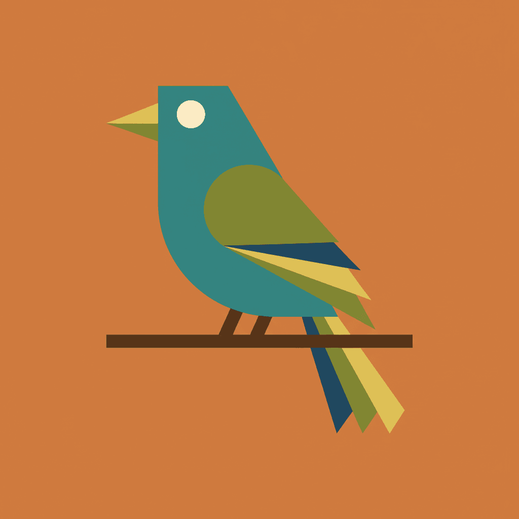 Square mid-century modern illustration of a bird built from a teal wedge body, a mustard triangle beak and sharp angular tail feathers against flat burnt orange