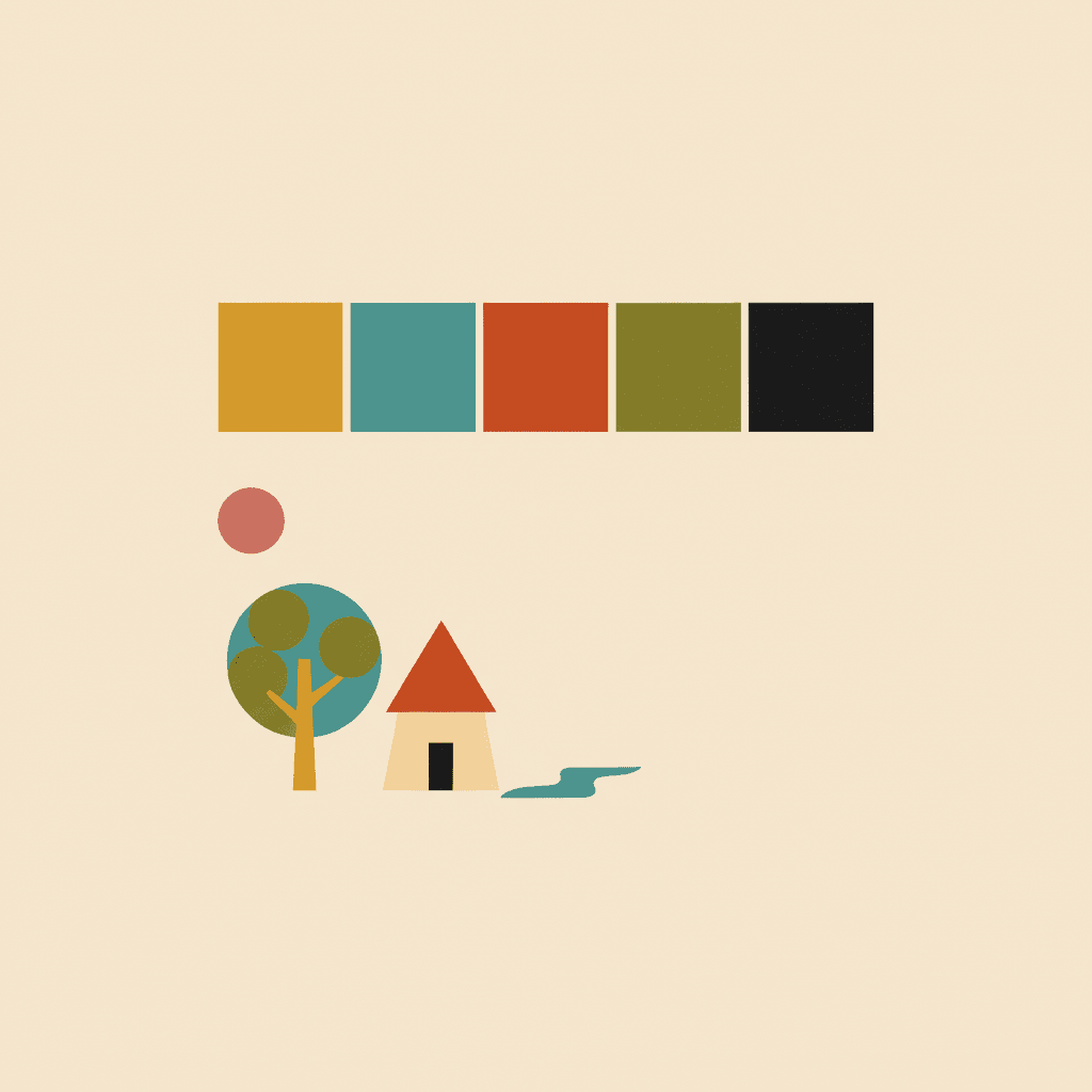 Square mid-century modern palette sheet of flat mustard, teal, burnt orange, olive and cream swatches above a tiny scene painted using only those colours