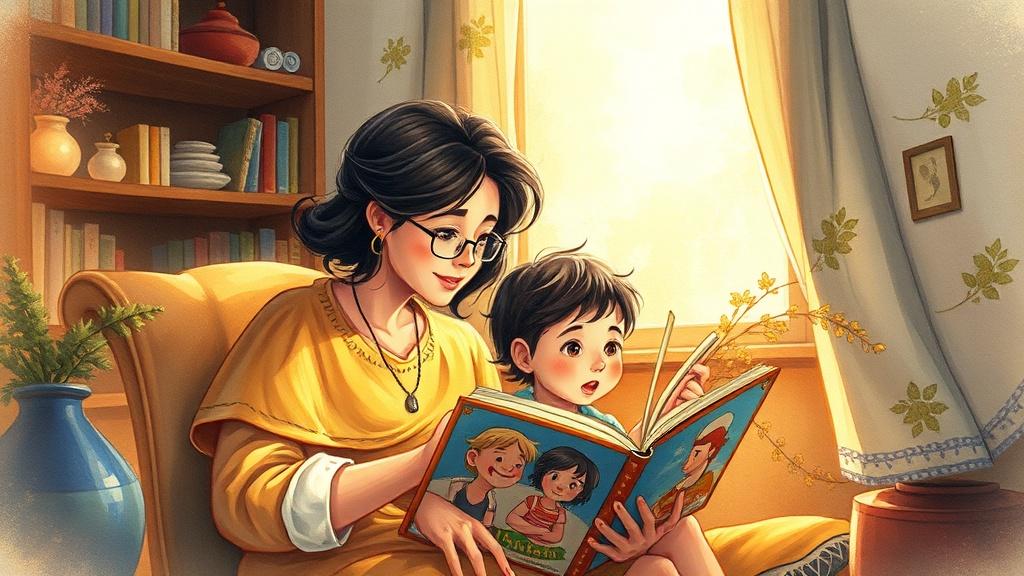 Watercolor C2Story illustration of a parent and child reading in a cozy nook