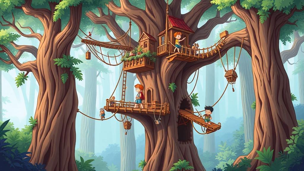 A group of 9-year-old children building an elaborate treehouse city connected by rope bridges