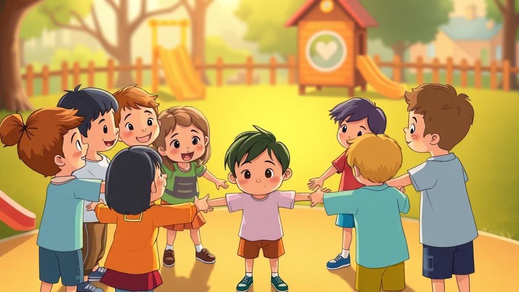 A shy new kid being welcomed into a circle of friends at a playground with children reaching out warmly