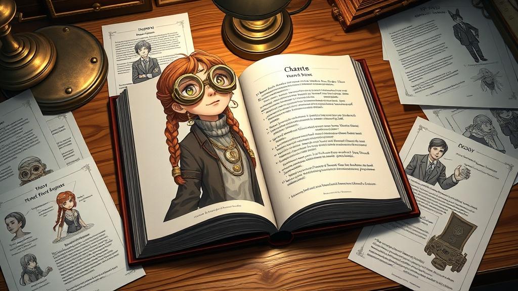 Open storybook spread on a wooden desk showing an OC inventor with steampunk goggles starring as the protagonist alongside her clockwork familiar