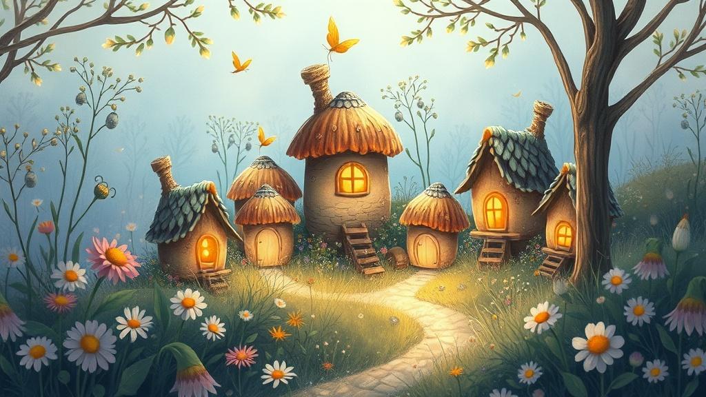 A storybook illustration of a tiny fairy village hidden among wildflowers with acorn cup houses and dewdrop lanterns