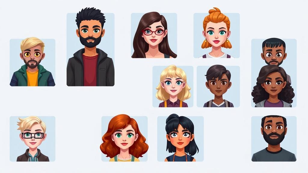 Grid of nine completely unique auto-generated original characters with diverse races, hair colors, and outfits