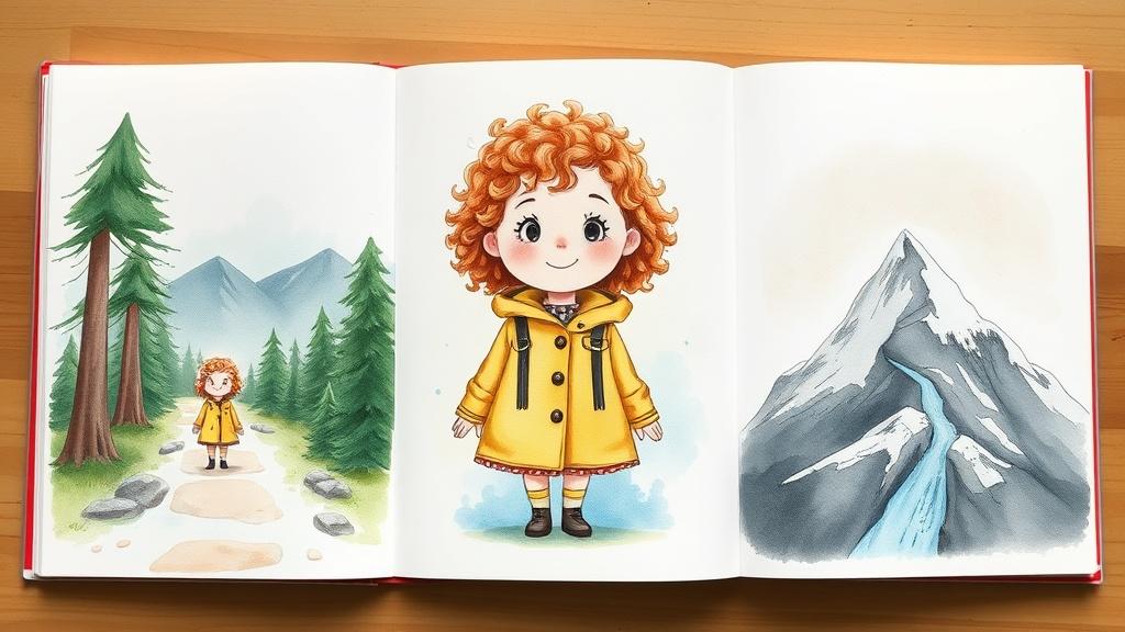 Three picture book pages showing the same main character across different chapters with identical look