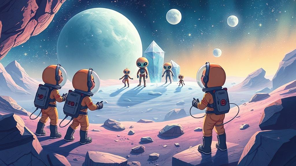 Children in spacesuits discovering a friendly alien civilization on a crystal planet