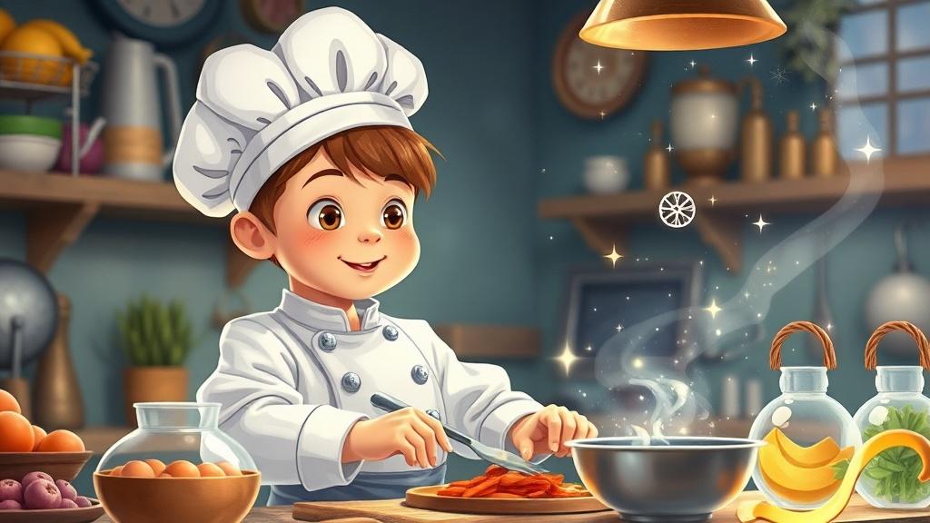 A 6-year-old child as a young chef cooking a magical recipe with floating ingredients and sparkles in a fantastical kitchen