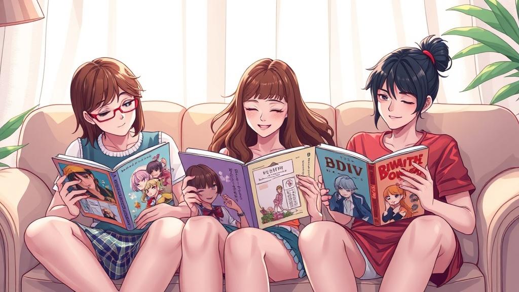 Three friends on a couch reading printed full-color illustrated novels featuring their own original characters in different art styles — manga, watercolor, cinematic