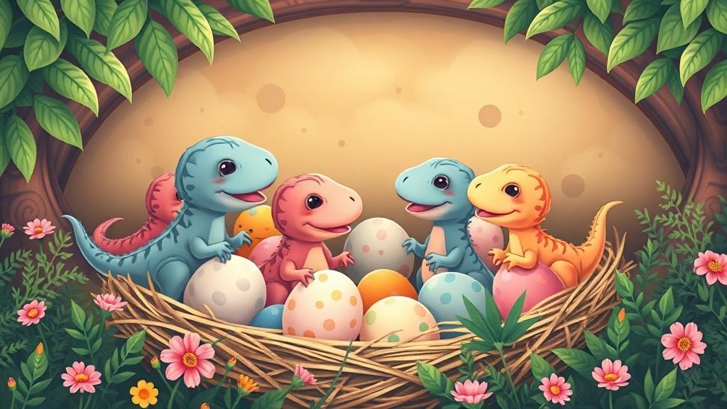 Baby dinosaurs hatching from colorful eggs in a cozy nest surrounded by ferns and flowers