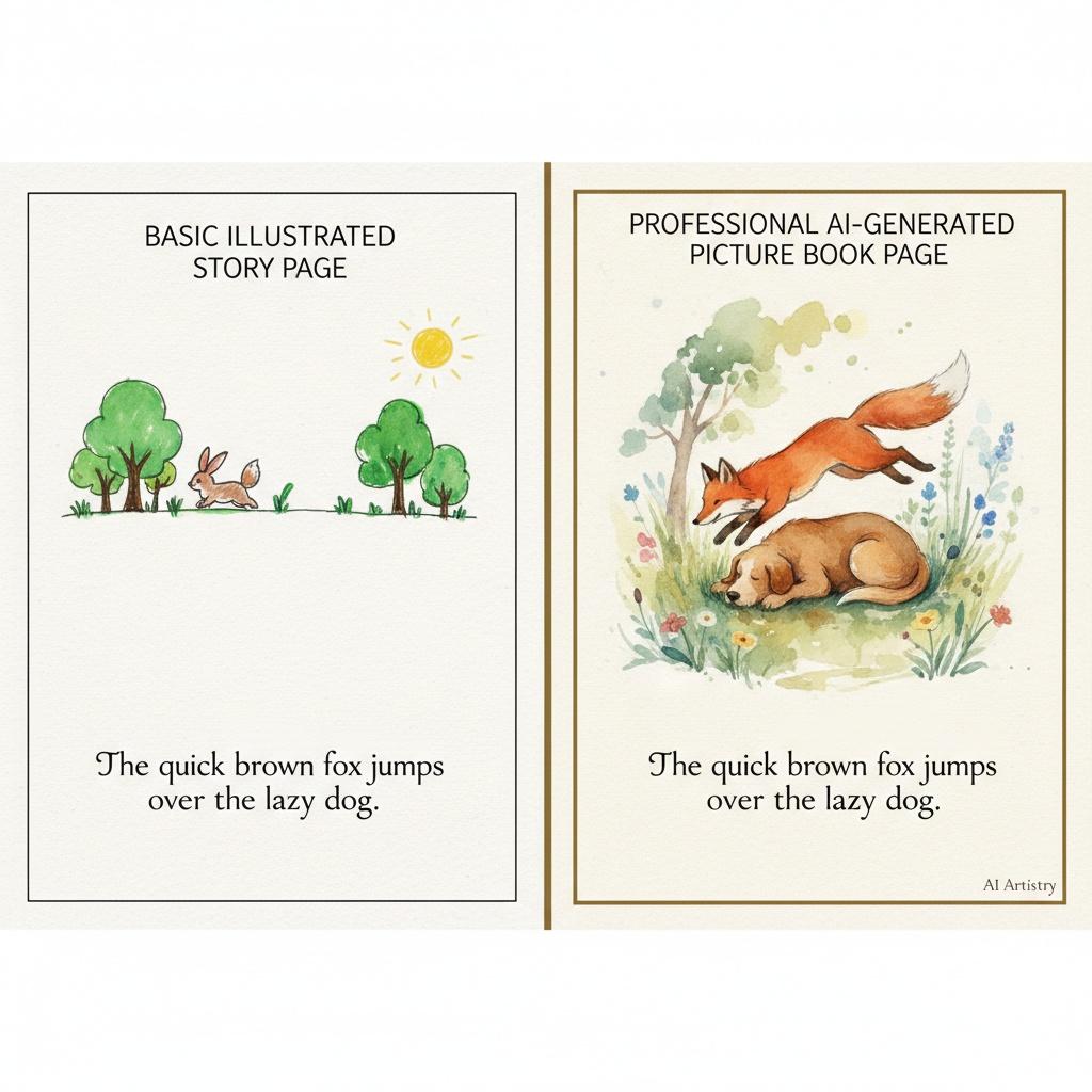 Side-by-side comparison of stock illustration storybook versus C2Story custom AI-generated picture book