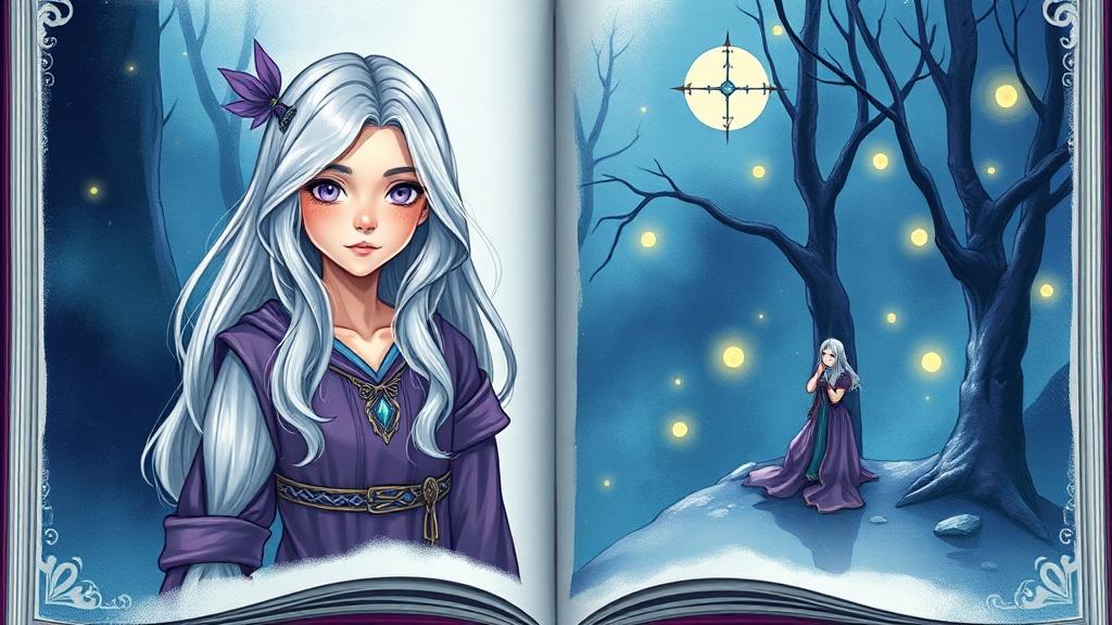 OC story generator interface showing an original character reference card on the left and the same OC starring in a full illustrated story scene on the right