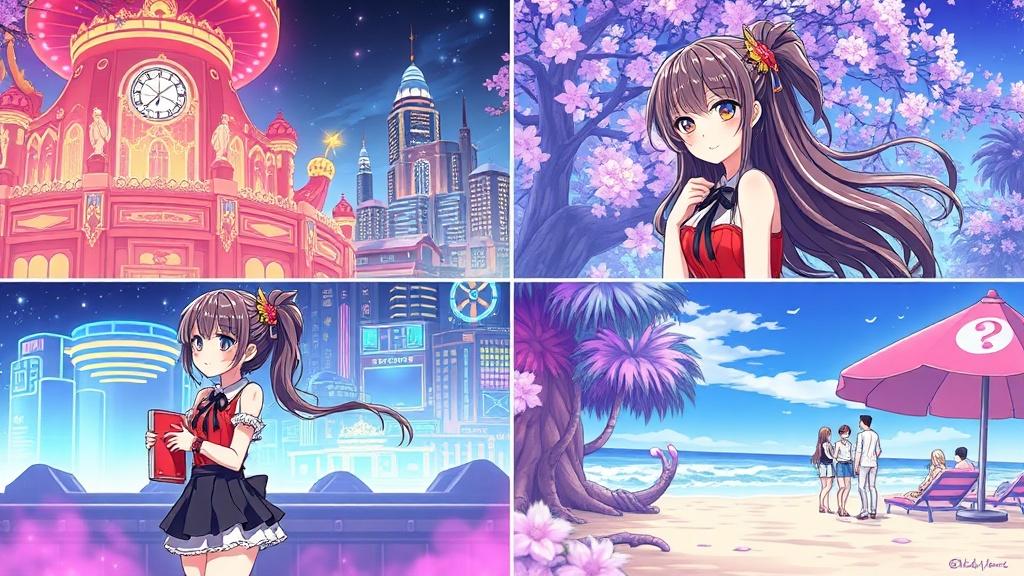 Same original anime-style heroine shown in four illustrated book scenes — magical academy, neon cyberpunk city, enchanted forest, beachside summer festival — with perfect character consistency