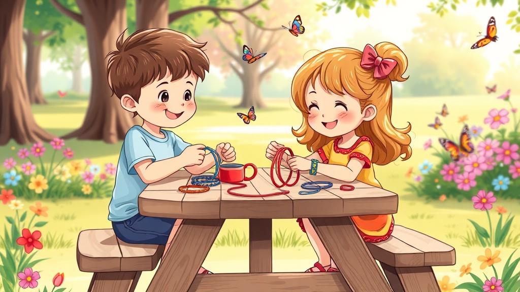 Two children making friendship bracelets together at a picnic table in a sunny park with butterflies and flowers