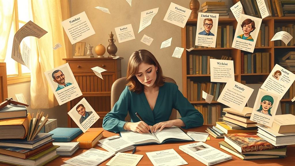 Novel character workshop with character profile cards floating around an author at her desk