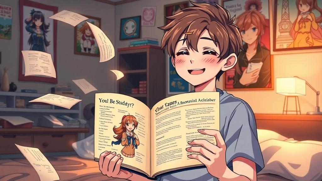 Teenage anime fan happily holding a printed illustrated book featuring their original character, surrounded by floating manuscript pages and glowing storybook art in a cozy bedroom
