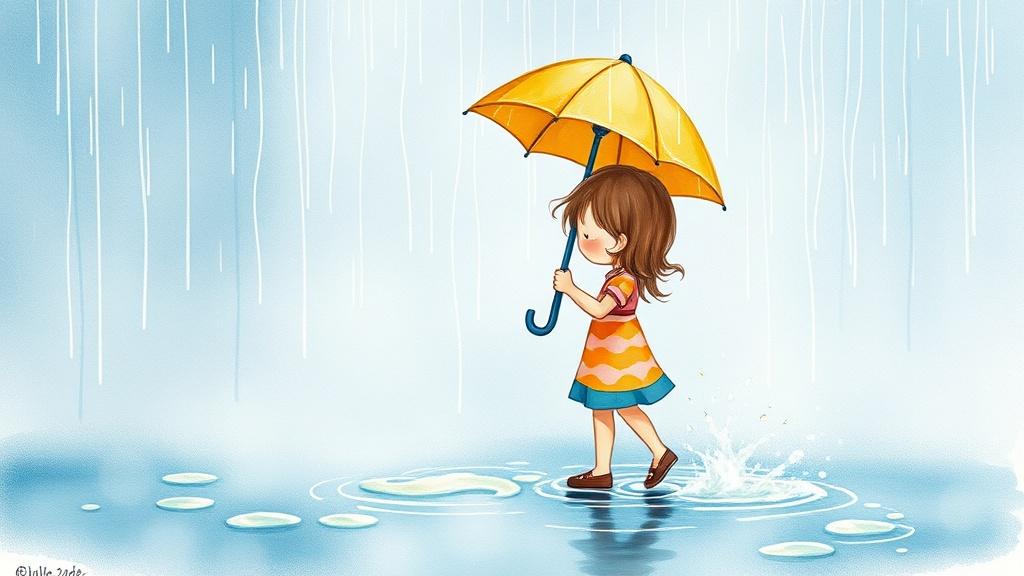 Two friends sharing an umbrella in the rain while splashing in puddles together in sweet watercolor style