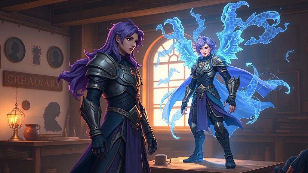 Original character generator workshop with floating holographic concepts being combined into a finished violet-haired hero