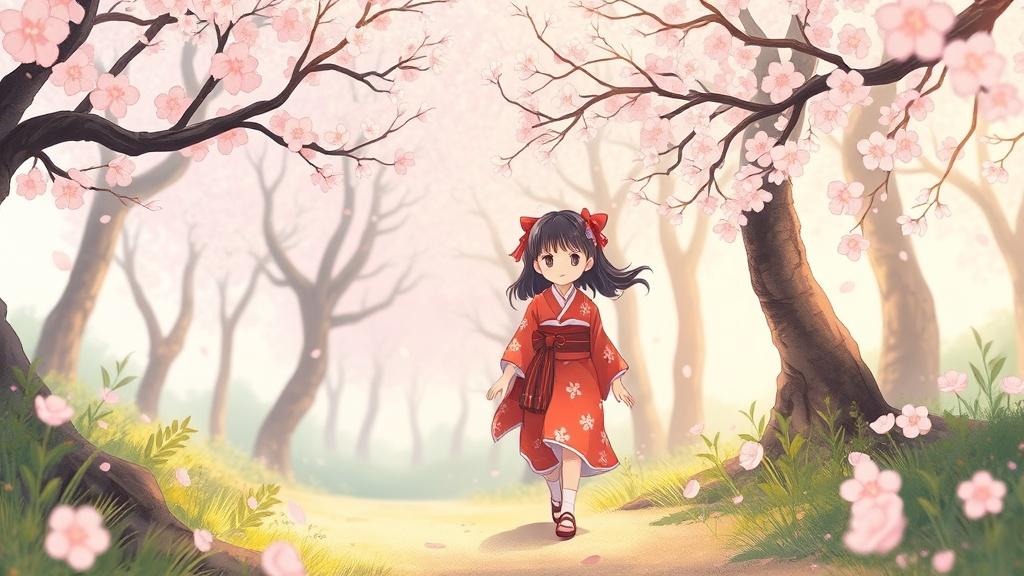 桜の森を歩く着物姿の女の子、幻想的な絵本イラスト