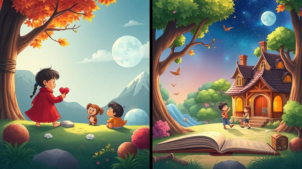 Side-by-side comparison of StoryBee illustrated story output and a C2Story illustrated picture book