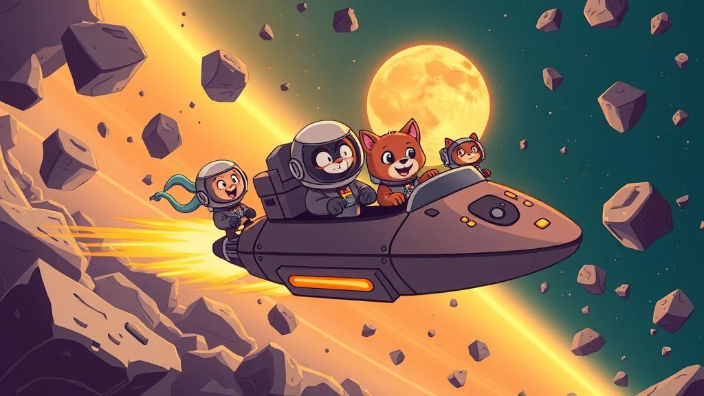 Animal astronauts piloting a spaceship through an asteroid field near a glowing sun