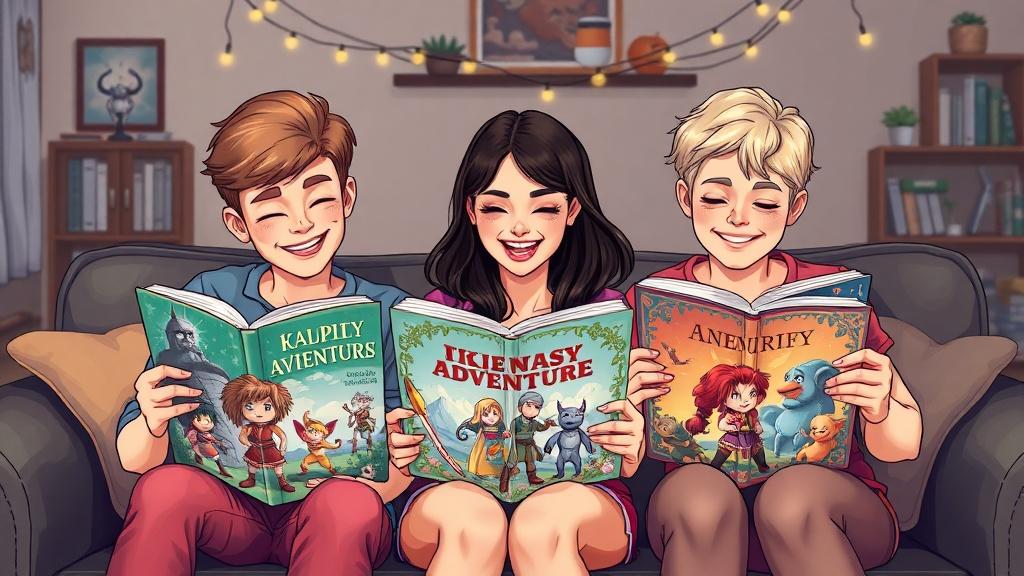 Three friends sitting on a couch reading printed illustrated fantasy adventure books featuring their own characters and quests