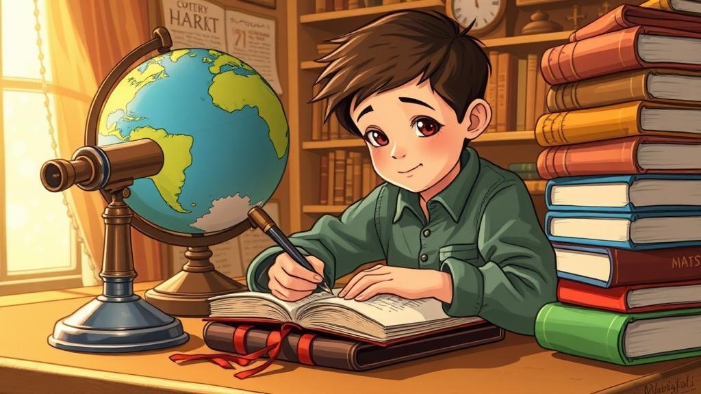 A confident 9-year-old child writing in a leather-bound journal at a desk surrounded by globe, telescope, and stacked books