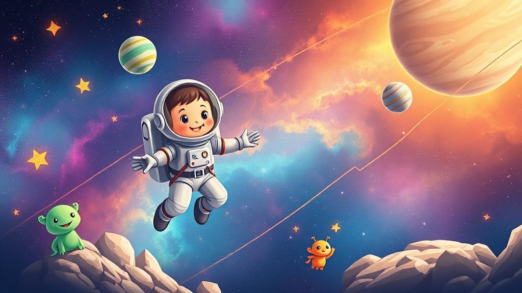 A young astronaut child floating in space near a colorful nebula with friendly alien creatures