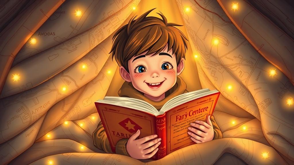 A happy 8-year-old child reading a thick chapter book in a cozy blanket fort with fairy lights and adventure maps