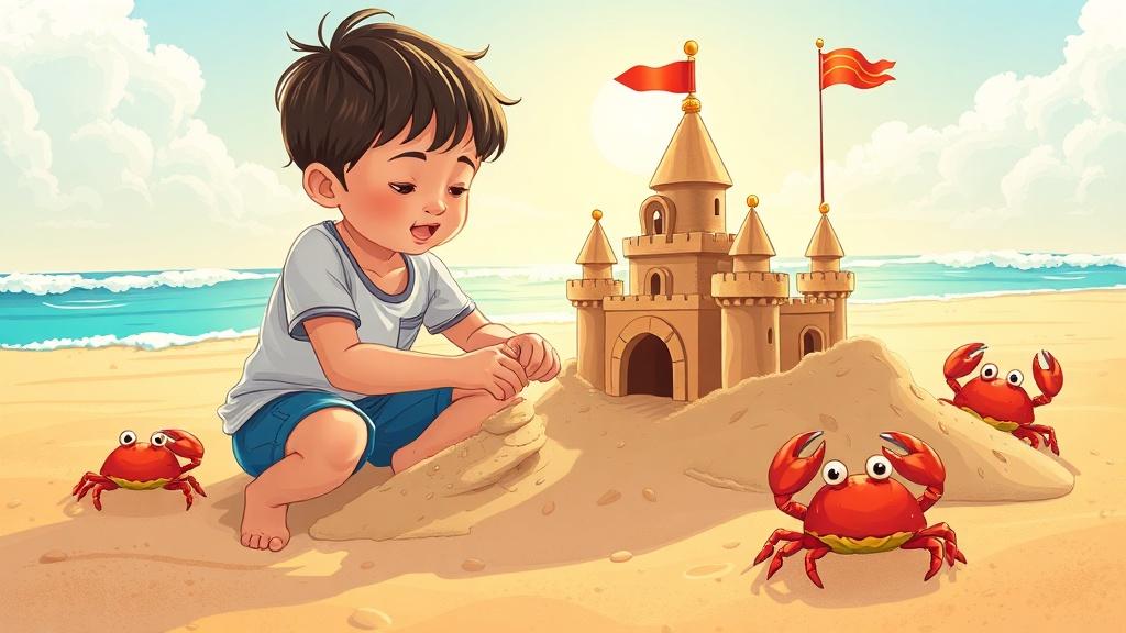 A 5-year-old child building an elaborate sandcastle kingdom on a sunny beach with friendly crabs helping