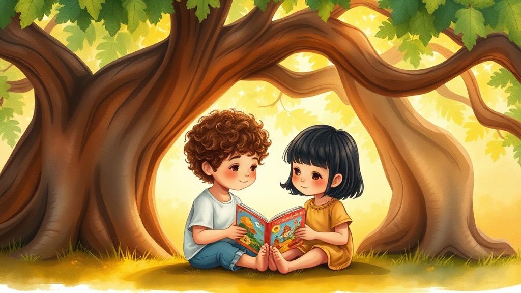 Two children sitting together under a big oak tree sharing a picture book with warm golden sunlight filtering through leaves in watercolor style
