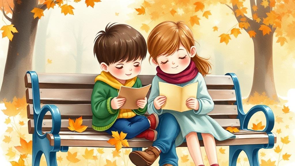Watercolor style two children reading a letter on a park bench surrounded by autumn leaves illustration