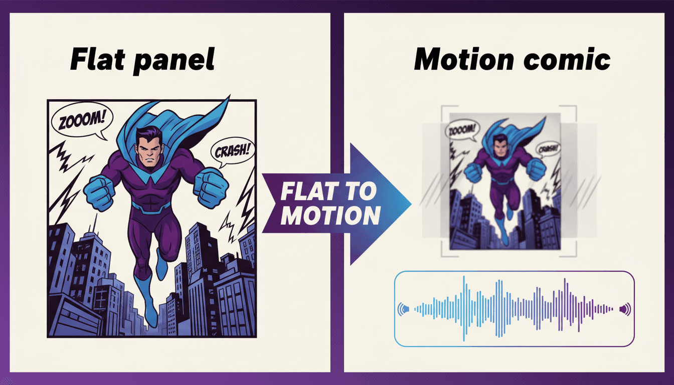 Split comparison showing a flat static comic panel on the left and the same panel as a motion comic with separated depth layers, a push-in camera frame and a voice waveform on the right