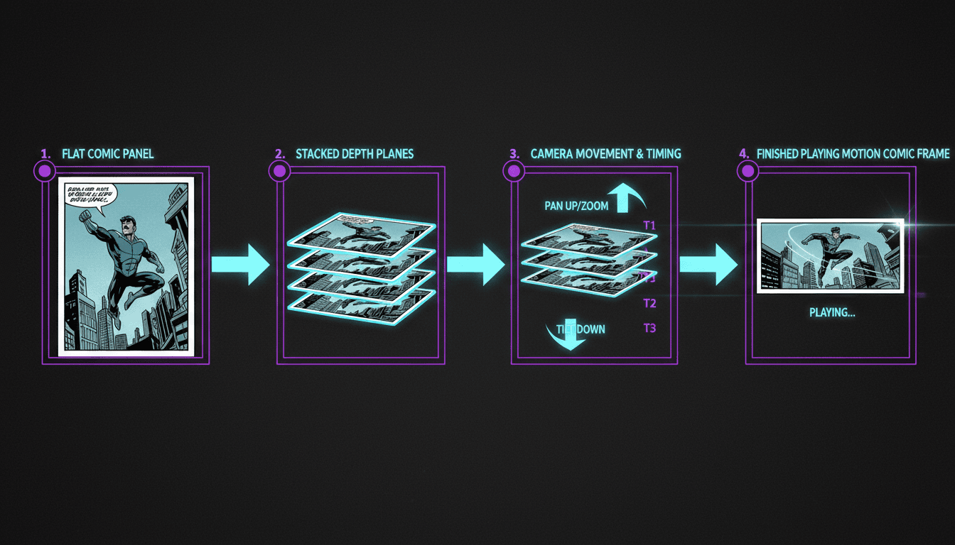 Workflow diagram showing a flat comic panel becoming stacked depth planes, then gaining camera moves and timing markers, then a playing motion comic frame