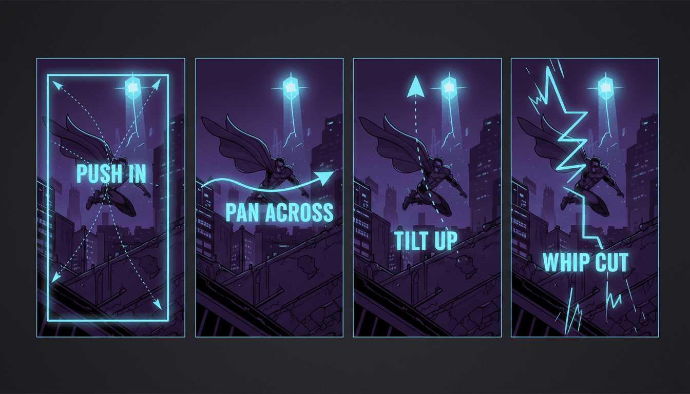 One comic panel shown four times in a row with different camera move overlays: push in, pan across, tilt up and whip cut, with dotted motion paths and easing curves