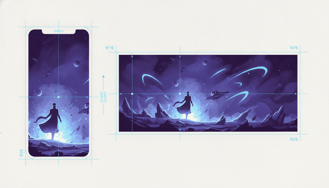The same layered motion comic artwork fitted to a tall vertical phone frame and a wide widescreen frame with crop guides and depth markers