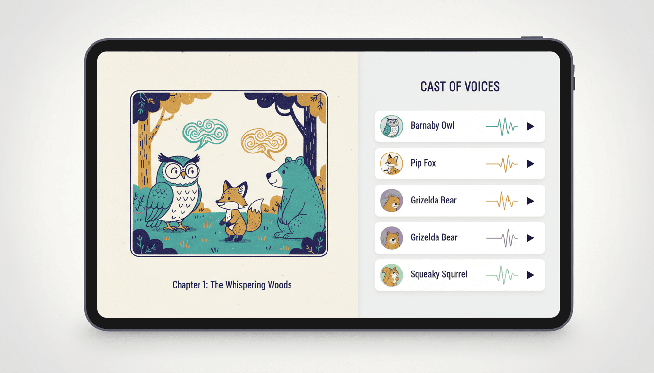 Multi-voice storybook interface showing an illustrated spread on the left and a cast panel with a voice profile and waveform beside each character name on the right