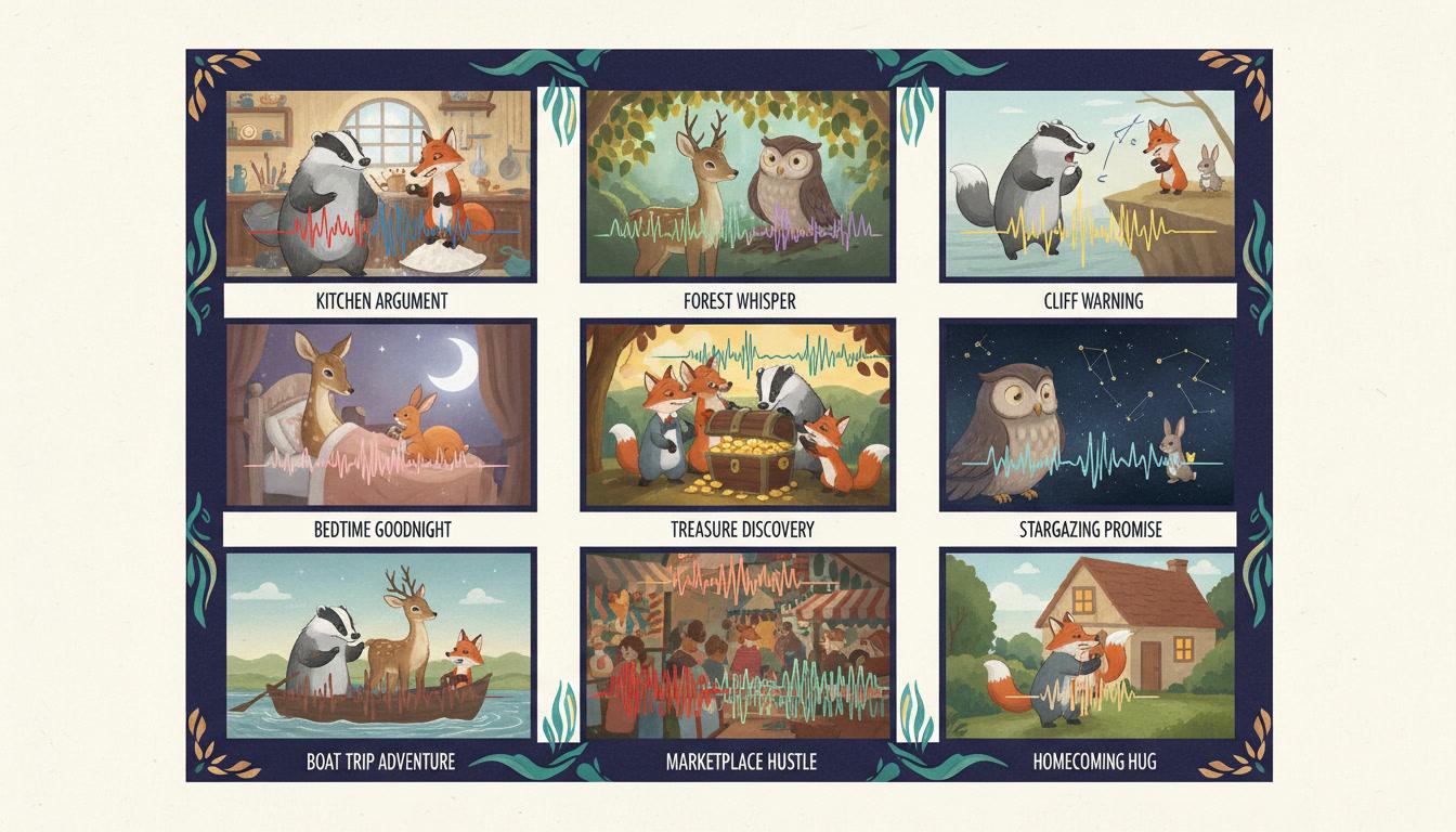 Nine illustrated storybook scenes each marked with the waveform of the character speaking in it