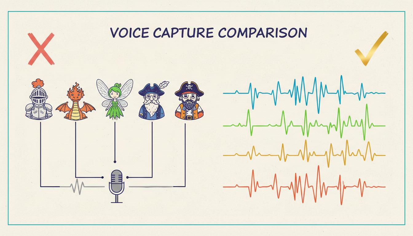 A diagram comparing five storybook characters all sharing one grey narrator waveform against the same five characters each with their own distinctly coloured waveform