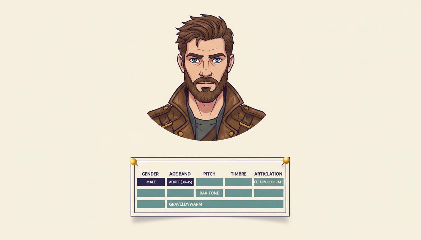 A character sheet with a voice profile card pinned beneath it, showing labelled fields for gender, age band, pitch, timbre and articulation