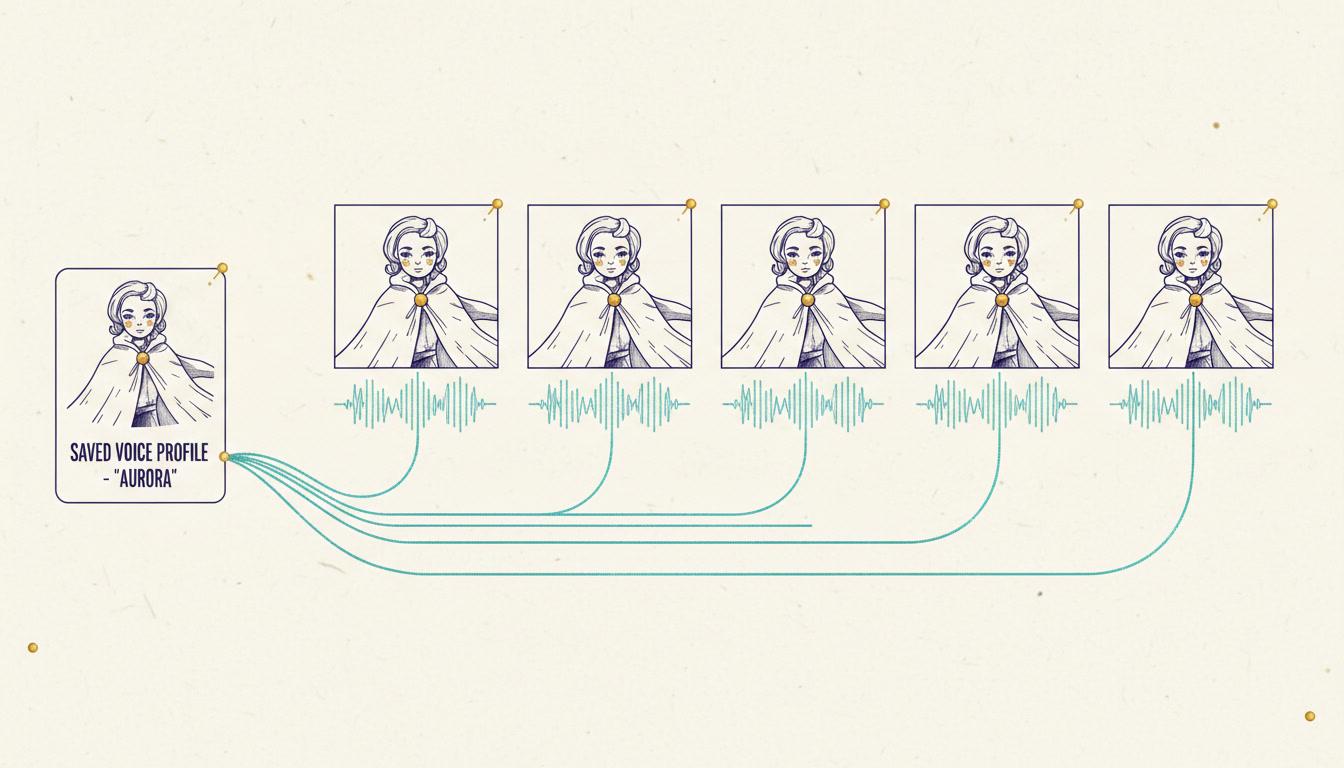 A continuity diagram showing one character across six chapters with an identical waveform signature beneath every appearance