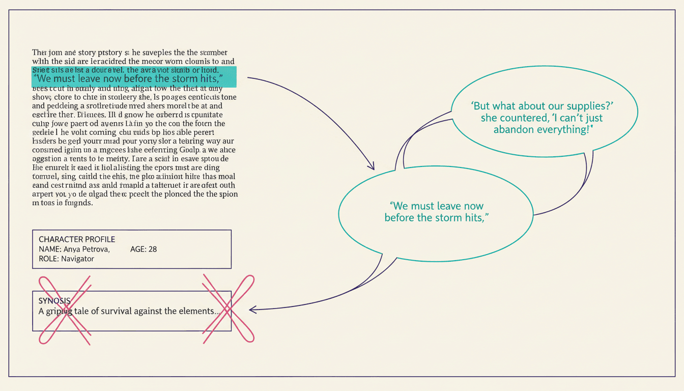 A dialogue extraction diagram showing two quoted lines lifted out of a page of story text as speech bubbles, while a character profile block and a synopsis block are crossed out as not speech