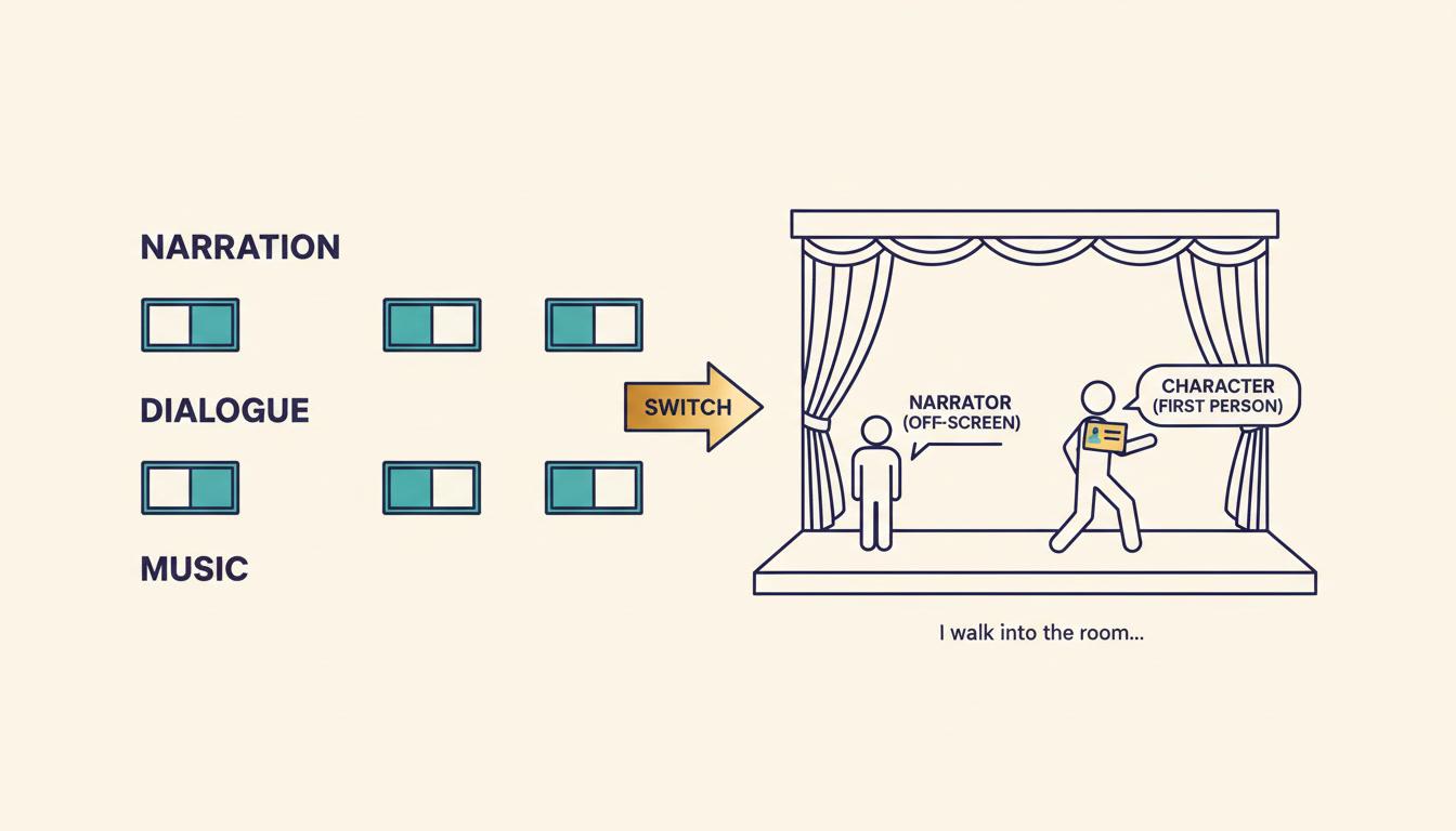 A narration settings diagram with toggle rows for narration, dialogue and music beside a switch between an off-screen narrator and a named character narrating in first person