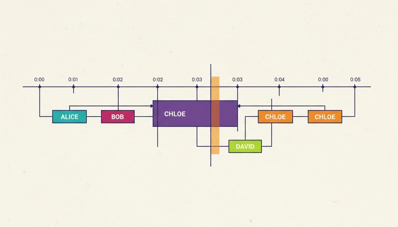 A timing diagram showing timecoded speech blocks along a horizontal timeline, each labelled with a character name, and one overloaded block splitting into two shorter shots