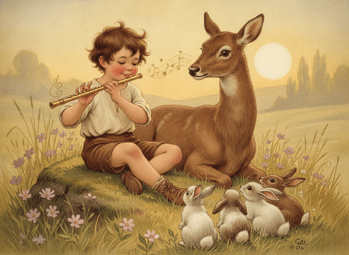 Classic storybook style illustration of a child playing a golden flute beside a friendly deer and rabbits in a sunny meadow